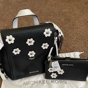 NEW! Michael Kors Bristol Small Backpack (Black/White Studded Flowers) w/ wallet